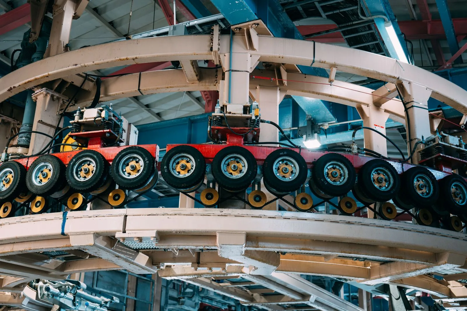 Close-up of an industrial conveyor system in action